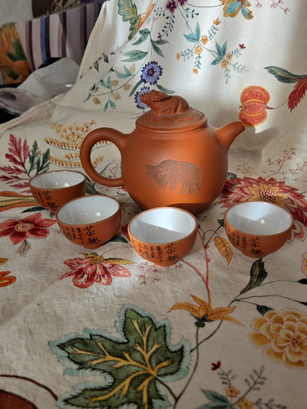 Chinese clay Tea Set, 5 piece petite redware; Water Buffalo, Ox details